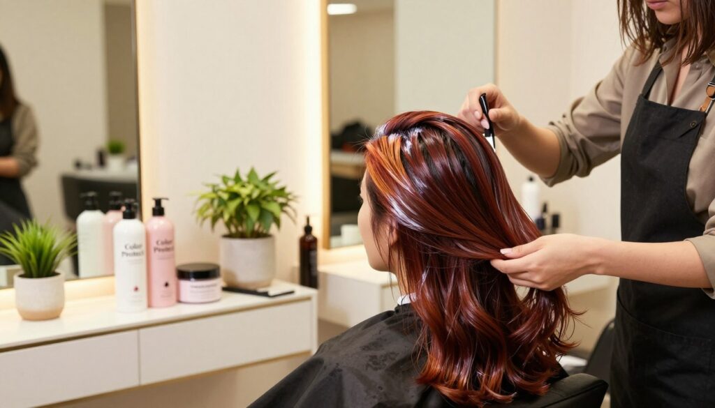 A beautiful, serene hair salon scene focusing on vibrant hair color protection techniques. In the foreground, a professional stylist, dressed in a chic, modest outfit, gently applies a nourishing color-protecting treatment to a client's hair, which glows with a rich hue. The client, appearing relaxed and content, showcases hair that looks healthy and glossy, contrasting with the previously dried-out look associated with bleaching. In the middle, various high-quality hair care products are beautifully arranged on a shelf, including bottles labeled ‘Color Protect’ and ‘Hydrating Mask’, decorated with plants in stylish pots. The background reveals a softly lit salon interior with large mirrors, giving an inviting and tranquil atmosphere. The lighting is warm and flattering, enhancing the luxurious feel of the scene. A beautiful, serene hair salon scene focusing on vibrant hair color protection techniques. In the foreground, a professional stylist, dressed in a chic, modest outfit, gently applies a nourishing color-protecting treatment to a client's hair, which glows with a rich hue. The client, appearing relaxed and content, showcases hair that looks healthy and glossy, contrasting with the previously dried-out look associated with bleaching. In the middle, various high-quality hair care products are beautifully arranged on a shelf, including bottles labeled ‘Color Protect’ and ‘Hydrating Mask’, decorated with plants in stylish pots. The background reveals a softly lit salon interior with large mirrors, giving an inviting and tranquil atmosphere. The lighting is warm and flattering, enhancing the luxurious feel of the scene.