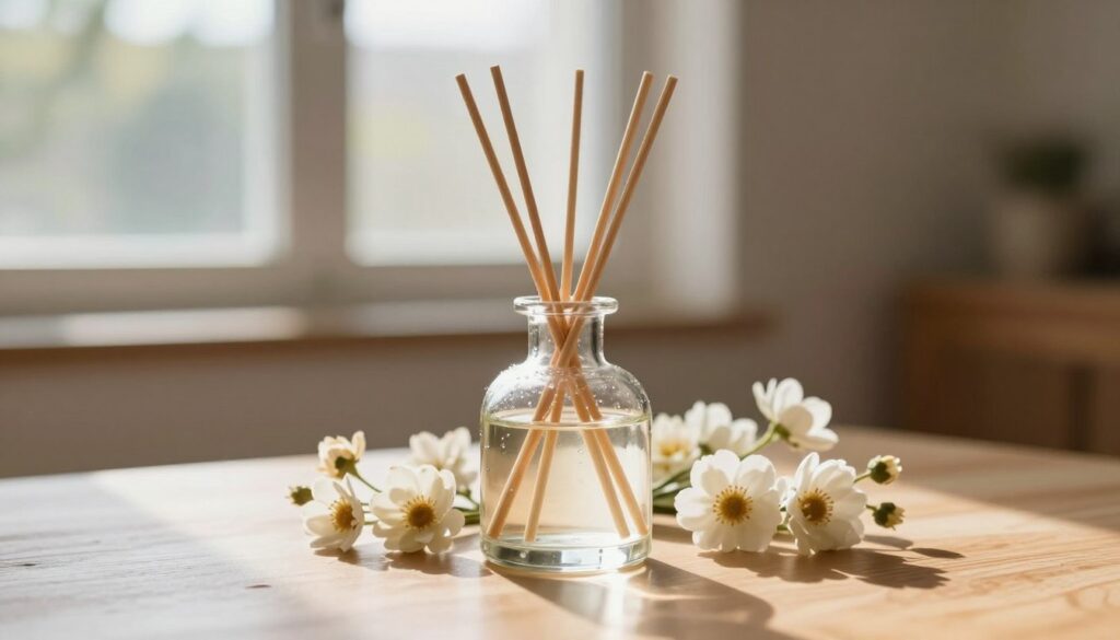 A beautifully arranged diffuser made from natural materials, featuring slender wooden sticks immersed in a clear glass container filled with fragrant liquid. The foreground showcases the diffuser with elegant details, like water droplets on the glass and a soft reflection on the surface it sits on. In the middle, arrange delicate artificial flowers around the base of the diffuser, enhancing the aesthetic appeal. The background is softly blurred to create a serene atmosphere, with warm, natural light streaming in from a nearby window, casting gentle shadows. The overall mood is calming and inviting, ideal for a cozy home interior setting. The image should evoke a sense of tranquility and freshness without any distractions or text.