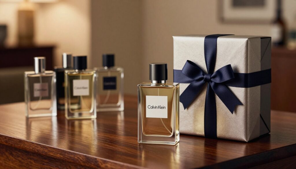 A beautifully arranged display of Calvin Klein men's fragrances suitable for gifting. In the foreground, an elegant glass bottle of a popular Calvin Klein perfume, showcasing its sleek, modern design with reflective surfaces. Beside it, a stylish gift box wrapped in luxurious paper and tied with a ribbon. In the middle ground, soft-focus images of other Calvin Klein fragrance bottles attractively arranged on a polished, dark wooden table, enhancing the sophisticated atmosphere. The background has a softly lit room with warm, ambient lighting to evoke a cozy, inviting mood, hinting at a perfect gift-giving occasion. The image captures the essence of luxury and thoughtfulness in selecting a fragrance, appealing to those seeking the ideal present for a man.