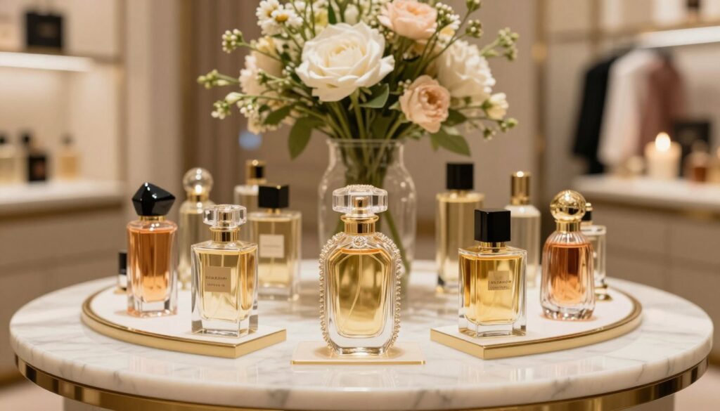 A beautifully arranged display of exquisite Italian perfumes on a luxurious marble table. In the foreground, an elegant glass perfume bottle with intricate designs, shimmering in soft, golden light. Surrounding it, smaller bottles showcasing a variety of colors and shapes, reflecting the essence of high-end Italian fragrance. In the background, a blurred view of a lavish boutique filled with lush flowers, delicate fabrics, and soft candlelight, creating an inviting atmosphere. The overall mood is sophisticated and enchanting, evoking a sense of elegance and allure. The image is captured with a shallow depth of field, enhancing the focus on the perfume bottles while creating a warm and inviting glow. Perfect for showcasing the charm and character of beautiful Italian perfumes.