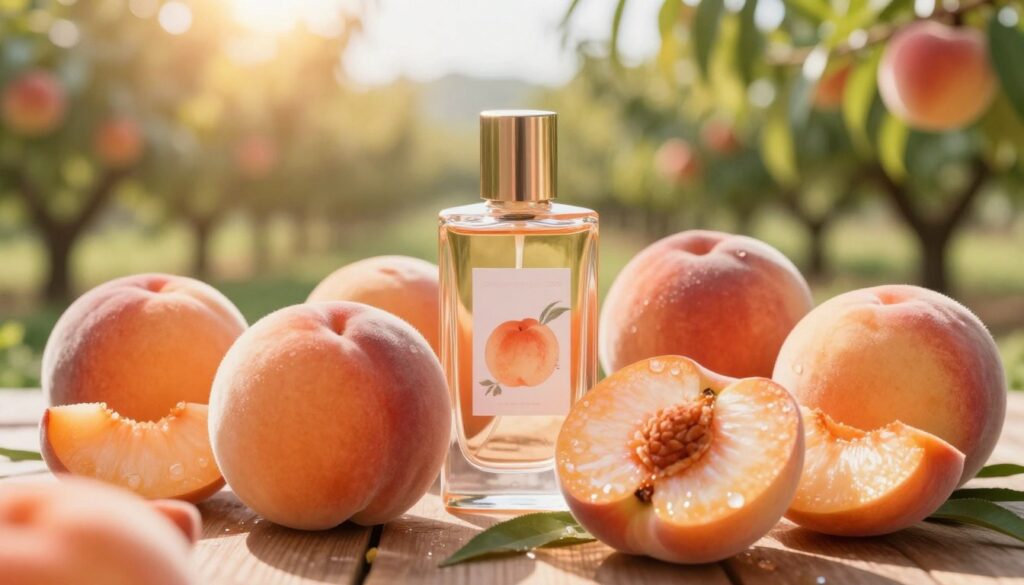 A beautifully arranged display of fresh, ripe peaches, showcasing their soft, fuzzy skin and vibrant orange hues, set against a softly blurred background of a sunny orchard. In the foreground, several peach halves reveal their juicy, golden flesh, glistening with droplets of water to suggest freshness. The middle ground features a delicate glass perfume bottle, elegant and minimalist, reflecting the peach theme with subtle hints of floral accents on its label. The background is a dreamy, warm-toned landscape of peach trees under a gentle golden sunlight, creating a serene and inviting atmosphere. The lighting is soft and diffused, evoking a summery warmth, perfect for illustrating the light and juicy compositions of peach fragrances. A beautifully arranged display of fresh, ripe peaches, showcasing their soft, fuzzy skin and vibrant orange hues, set against a softly blurred background of a sunny orchard. In the foreground, several peach halves reveal their juicy, golden flesh, glistening with droplets of water to suggest freshness. The middle ground features a delicate glass perfume bottle, elegant and minimalist, reflecting the peach theme with subtle hints of floral accents on its label. The background is a dreamy, warm-toned landscape of peach trees under a gentle golden sunlight, creating a serene and inviting atmosphere. The lighting is soft and diffused, evoking a summery warmth, perfect for illustrating the light and juicy compositions of peach fragrances.