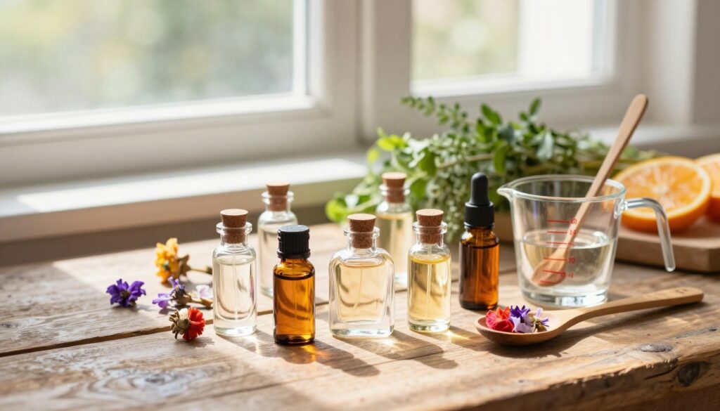A beautifully arranged display of ingredients and accessories for making a homemade air freshener from perfume. In the foreground, showcase small glass bottles of various perfumes, vibrant essential oils, and colorful dried flowers. Include a measuring cup and a wooden spoon, suggesting the crafting process. The middle ground features a rustic wooden table with natural light streaming from a nearby window, casting gentle shadows that create a warm and inviting atmosphere. In the background, softly blurred herbs and citrus slices add a hint of freshness. Capture this scene with a soft focus lens to enhance the cozy, homey feel, evoking a sensorial experience of aroma and tranquility. Ensure the composition is neat and aesthetically pleasing, presenting a harmonious blend of colors and textures.