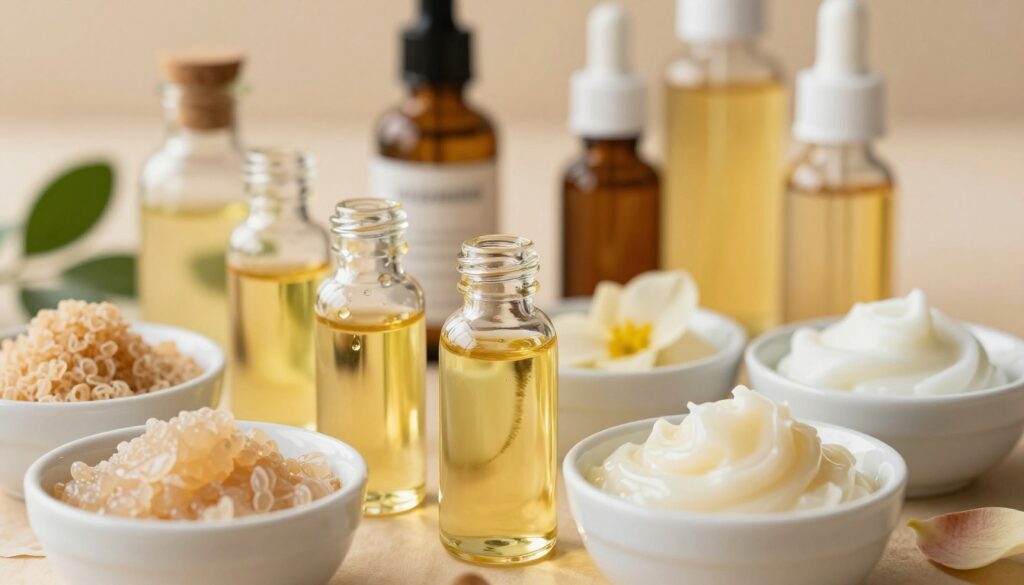 A beautifully arranged display of skincare ingredients focusing on ceramides and oils, showcasing their natural textures and colors. In the foreground, feature a variety of oils in elegant glass bottles, with some droplets glistening from the bottles. Surrounding them, showcase rich, creamy textures of ceramides in small white bowls, emphasizing their smooth consistency. In the middle ground, include softly blurred natural elements such as leaves or flower petals to create a sense of connection to nature. The background should have a warm, inviting light, creating a cozy atmosphere that reflects winter skincare. Use a shallow depth of field to draw attention to the foreground elements while adding warmth to the overall composition. The overall mood should feel nurturing and protective, evoking a sense of care for the skin during the winter months.