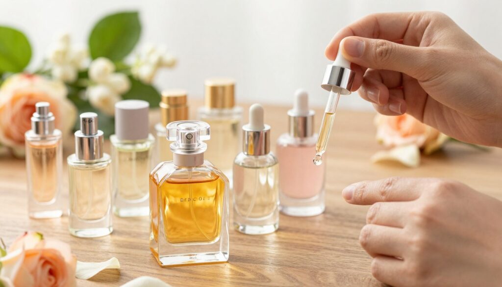 A beautifully arranged display showcasing various types of perfume bottles on a polished wooden table. In the foreground, focus on an elegant, crystal perfume bottle filled with a vibrant golden liquid, symbolizing high concentration perfume. Nearby, smaller bottles with softer, pastel shades represent lighter fragrances. In the middle, a pair of delicate hands are holding a glass dropper, carefully measuring fragrance oils, highlighting the craftsmanship of perfume making. The background features soft, blurred floral elements, such as jasmine and rose petals, creating an alluring atmosphere. Bright, natural lighting illuminates the scene, enhancing the colors and textures of the bottles and oils. The overall mood is sophisticated and inviting, reflecting the art of composing scents.