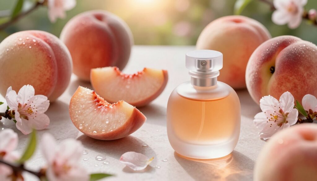 A beautifully arranged flat lay of a peach-scented perfume bottle surrounded by fresh, ripe peaches and delicate peach blossoms, reflecting a light and juicy fragrance. In the foreground, the elegant perfume bottle is frosted glass, catching soft light, emphasizing its curves and rich amber liquid inside. In the middle, scattered peach slices glisten with dew, while soft petals of peach blossoms add a touch of femininity. The background features a subtle blurred garden setting with hints of greenery and a warm, golden sunrise, creating an inviting and fresh atmosphere. The image should convey a sense of warmth, joy, and refreshing elegance, with soft, natural lighting that enhances the vibrant colors and textures of the scene. A beautifully arranged flat lay of a peach-scented perfume bottle surrounded by fresh, ripe peaches and delicate peach blossoms, reflecting a light and juicy fragrance. In the foreground, the elegant perfume bottle is frosted glass, catching soft light, emphasizing its curves and rich amber liquid inside. In the middle, scattered peach slices glisten with dew, while soft petals of peach blossoms add a touch of femininity. The background features a subtle blurred garden setting with hints of greenery and a warm, golden sunrise, creating an inviting and fresh atmosphere. The image should convey a sense of warmth, joy, and refreshing elegance, with soft, natural lighting that enhances the vibrant colors and textures of the scene.