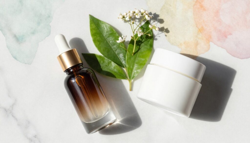 A beautifully arranged flat lay of skincare products showcasing a serum for the face and a cream, placed on a marble countertop. In the foreground, the serum bottle is sleek and modern, glistening with a subtle reflection of light, while the cream jar is elegant with a smooth finish. In the middle, incorporate fresh green leaves and delicate flowers to suggest natural ingredients. The background should feature soft watercolor patterns in pastel colors for a serene ambiance. Natural daylight spills in softly, highlighting the texture of the serum and cream, hinting at their contrasting consistencies. Aim for a clean, organized composition that conveys a professional and inviting atmosphere suited for a skincare discussion. A beautifully arranged flat lay of skincare products showcasing a serum for the face and a cream, placed on a marble countertop. In the foreground, the serum bottle is sleek and modern, glistening with a subtle reflection of light, while the cream jar is elegant with a smooth finish. In the middle, incorporate fresh green leaves and delicate flowers to suggest natural ingredients. The background should feature soft watercolor patterns in pastel colors for a serene ambiance. Natural daylight spills in softly, highlighting the texture of the serum and cream, hinting at their contrasting consistencies. Aim for a clean, organized composition that conveys a professional and inviting atmosphere suited for a skincare discussion.