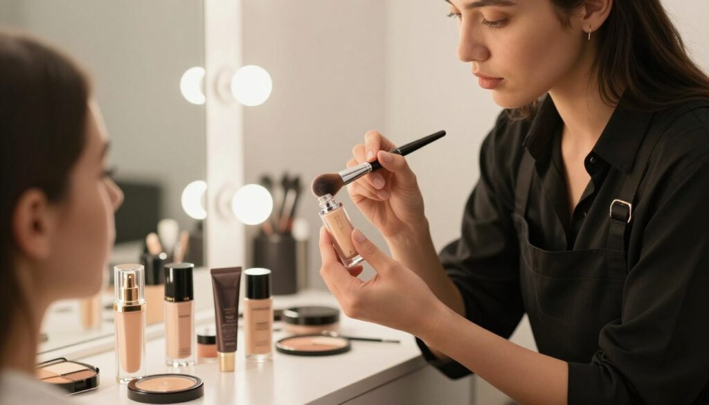 A beautifully arranged makeup base application scene, capturing a professional makeup artist applying a makeup primer to a model's face. In the foreground, the artist, dressed in a stylish black blouse and apron, focuses intently on evenly spreading a creamy, luminescent primer with a foundation brush. In the middle ground, various makeup products are artistically placed: elegant glass jars and tubes of different primers, reflecting soft, ambient lighting. The background features a softly blurred vanity mirror and warm, inviting lighting to enhance the atmosphere of a chic beauty studio. The overall mood is calm and professional, emphasizing precision and care in the makeup application process, creating an ideal setting for discussing makeup longevity. A beautifully arranged makeup base application scene, capturing a professional makeup artist applying a makeup primer to a model's face. In the foreground, the artist, dressed in a stylish black blouse and apron, focuses intently on evenly spreading a creamy, luminescent primer with a foundation brush. In the middle ground, various makeup products are artistically placed: elegant glass jars and tubes of different primers, reflecting soft, ambient lighting. The background features a softly blurred vanity mirror and warm, inviting lighting to enhance the atmosphere of a chic beauty studio. The overall mood is calm and professional, emphasizing precision and care in the makeup application process, creating an ideal setting for discussing makeup longevity.
