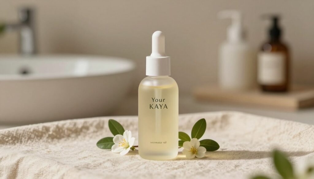 A beautifully arranged product display featuring the "Your KAYA" intimate oil bottle, standing elegantly on a soft, textured surface like a light beige linen cloth. In the foreground, the bottle is center stage, showcasing its sleek design and gentle, soothing colors that evoke a sense of calm. Accompanying the bottle are natural elements such as delicate leaves and small flowers to symbolize natural ingredients and care for sensitive skin. The middle ground includes a softly blurred background of a serene, warm-lit bathroom setting, hinting at a relaxing self-care environment. The lighting is soft and warm, casting gentle shadows that enhance the inviting atmosphere. The overall mood is tranquil and nurturing, ideal for conveying the product's effectiveness for post-shaving irritation relief.