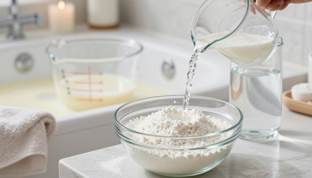 A beautifully arranged scene showcasing potato starch (mąka ziemniaczana) and water. In the foreground, a clear glass bowl filled with fine, white potato starch is placed next to a small jug of water, with a gentle pour of water into the bowl creating a soft splash. In the middle, include a measuring cup showing precise proportions, with some starch and water partially mixed to demonstrate the intended consistency. In the background, softly blurred, a cozy bathroom environment featuring a bath tub filled with a light, creamy mixture, decorated with soothing towels and a few decorative elements like candles, evoking a relaxing and inviting atmosphere. Soft, natural lighting enhances the serene mood, with a focus on clarity and clean textures. The angle is slightly elevated, inviting the viewer to engage with the process.