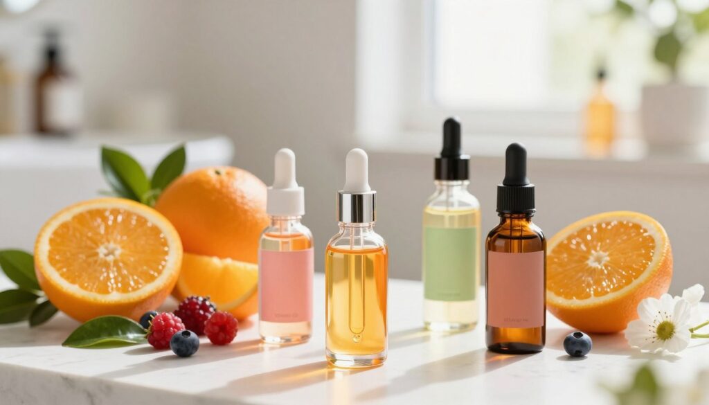 A beautifully arranged scene showcasing the combination of skincare ingredients. In the foreground, a selection of vibrant serums, including vitamin C, displayed in elegant glass dropper bottles with their colorful labels reflecting natural light. In the middle ground, an assortment of fresh fruits like oranges and berries, alongside botanical elements such as green leaves and delicate flowers, emphasizing the natural sources of skincare ingredients. The background features a softly blurred vanity or a bright, airy bathroom setting with warm sunlight pouring in through a window, creating an inviting atmosphere. The overall mood is fresh, clean, and uplifting, radiating the importance of blending vitamin C with other skincare components for a balanced beauty routine.