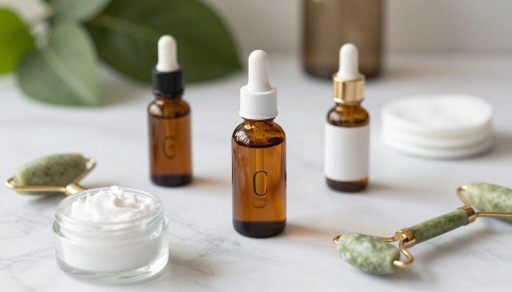 A beautifully arranged skincare flat lay on a clean marble surface, featuring a bottle of vitamin C serum surrounded by common skincare products that should not be combined with it, such as retinol, niacinamide, and exfoliating acids. The foreground includes these products in elegant glass containers, while the middle showcases the vitamin C serum in a rich amber glass bottle, artistically illuminated to highlight its texture. In the background, softly blurred, are soothing green plants and subtle hints of calming skincare tools like jade rollers and cotton pads. The lighting is warm and natural, creating an inviting atmosphere that conveys a sense of care and professionalism in skincare routines, while emphasizing the importance of product compatibility. A beautifully arranged skincare flat lay on a clean marble surface, featuring a bottle of vitamin C serum surrounded by common skincare products that should not be combined with it, such as retinol, niacinamide, and exfoliating acids. The foreground includes these products in elegant glass containers, while the middle showcases the vitamin C serum in a rich amber glass bottle, artistically illuminated to highlight its texture. In the background, softly blurred, are soothing green plants and subtle hints of calming skincare tools like jade rollers and cotton pads. The lighting is warm and natural, creating an inviting atmosphere that conveys a sense of care and professionalism in skincare routines, while emphasizing the importance of product compatibility.