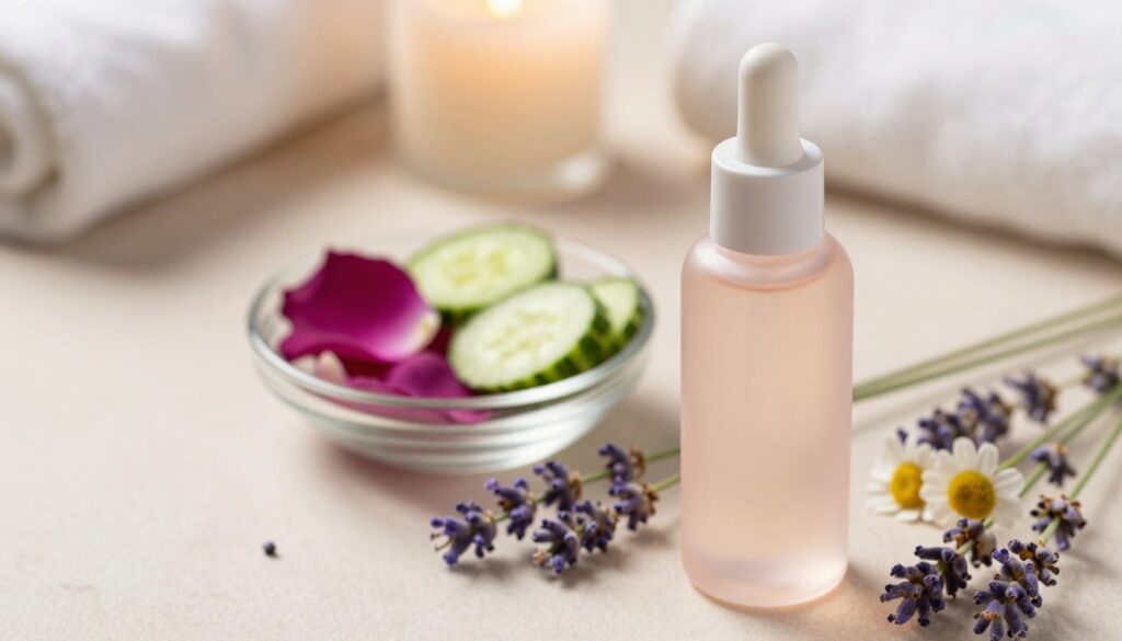 A beautifully arranged skincare setup featuring a sleek, elegant toner bottle prominently in the foreground. The bottle has a minimalist design with soft pastel colors, reflecting tranquility. Surrounding the bottle, there are delicate, fresh floral accents like lavender and chamomile, emphasizing the soothing properties of the toner. In the middle, a small glass dish holds natural ingredients such as rose petals and cucumber slices, symbolizing the toner’s natural formulation. The background showcases a softly blurred spa-like environment with warm, diffused lighting that creates a calming atmosphere. The overall composition conveys a sense of beauty and self-care, suitable for a skincare article. The image should be taken from a slight overhead angle to provide a holistic view of the toner and its serene surroundings.