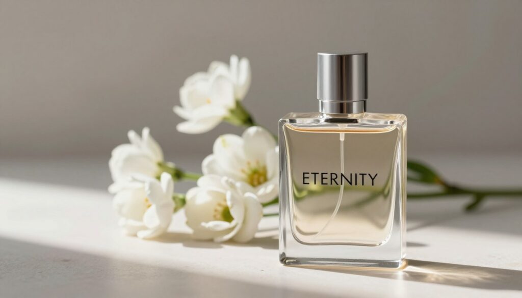 A beautifully arranged still life featuring a classic Calvin Klein Eternity perfume bottle, prominently displayed in the foreground. The bottle, with its sleek and minimalist design, should reflect light elegantly, emphasizing its crystal-like quality. In the middle ground, include a few delicate white flowers, symbolizing freshness and sophistication, arranged artfully beside the bottle. The background should be softly blurred, perhaps featuring muted tones of soft grey or beige, creating a serene and timeless atmosphere. Natural lighting should filter through, casting gentle shadows and highlighting the contours of the perfume bottle and flowers, evoking a mood of refined elegance and classic style.