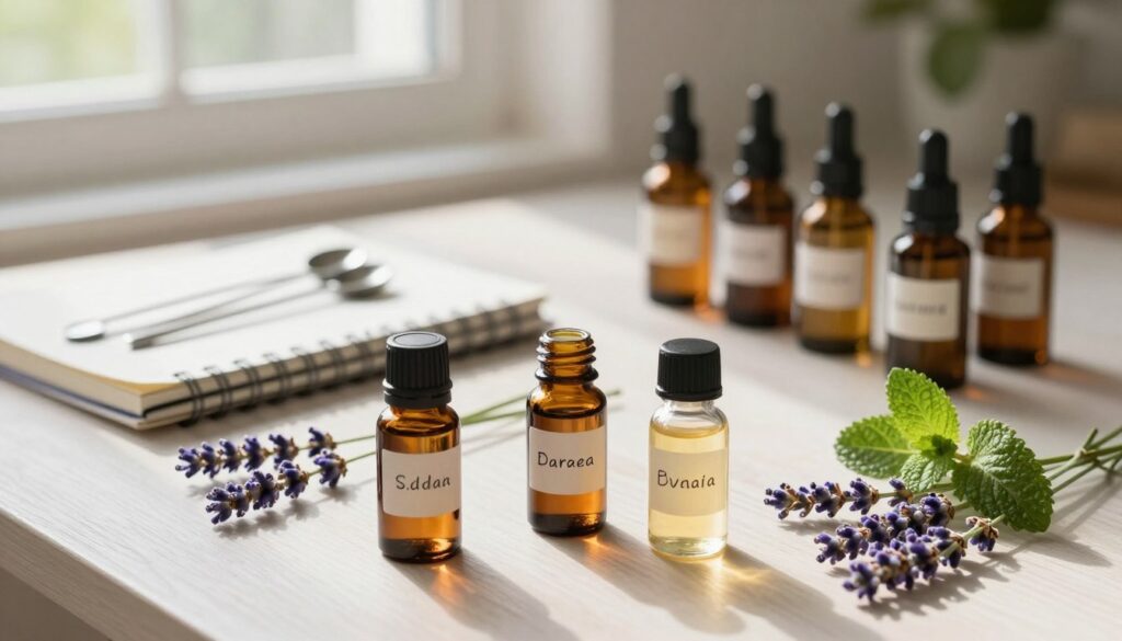 A beautifully arranged tabletop scene featuring an assortment of essential oils in elegant glass bottles, each labeled with their aromatic notes. In the foreground, focus on a few open bottles to showcase their color and texture, surrounded by fresh herb sprigs, like lavender and mint, to illustrate their sources. The middle layer includes a stylish notebook and a set of measuring tools, symbolizing the DIY aspect of perfume making. In the background, soft, natural lighting filters through a window, casting gentle shadows, creating a warm and inviting mood. The atmosphere should evoke a sense of creativity and calm, ideal for an at-home crafting space. The composition is shot from a slightly elevated angle to capture all elements harmoniously.