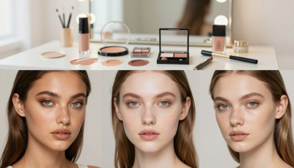 A beautifully composed image illustrating skin tone variations suited for makeup tailored to enhance green eyes. In the foreground, showcase three professional models with distinct skin tones: a warm golden hue, a cool porcelain complexion, and a neutral beige tone. Each model should have expertly applied eye makeup featuring shades that complement their skin type, like warm browns, cool metals, and soft neutrals, emphasizing their green irises. The middle layer should highlight a subtle palette of makeup products arranged neatly, with swatches showing eye shadow colors that pop against green eyes. The background should be softly blurred, featuring a light, elegant vanity setup with natural light illuminating the scene, creating a serene and inviting atmosphere. Overall, the mood is sophisticated yet approachable, perfect for showcasing makeup elegance.