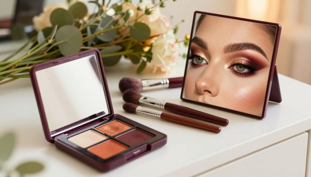 A captivating arrangement of rich burgundy, warm copper, and shimmering gold eyeshadow elegantly displayed on a pristine white vanity. In the foreground, a beautifully crafted eyeshadow palette opens to reveal these vibrant colors, while a pair of green eyes adorned with expertly applied makeup gazes at a small mirror, showcasing the stunning contrast against the warm tones. In the middle ground, soft brushes and applicators lie scattered, enhancing the artistry of makeup application. The background features a delicate bouquet of greenery and soft-focus flowers that complement the eye colors, bathed in warm, golden-hour lighting. The atmosphere is inviting and creative, evoking a sense of elegance and style.