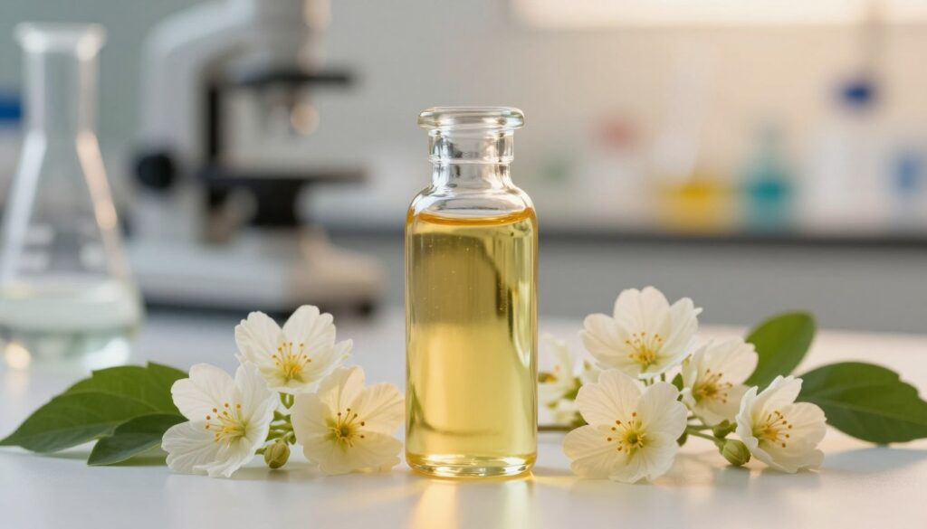 A captivating close-up of evening primrose oil in a small, elegant glass bottle, surrounded by fresh evening primrose flowers and green leaves, symbolizing its natural properties. In the background, softly blurred, a well-lit laboratory setting with scientific equipment hints at research, representing practical and scientific validation. The lighting is warm and inviting, illuminating the golden hue of the oil, which reflects the gentle glow of the surroundings. The angle captures the oil’s texture beautifully, emphasizing its purity and richness, evoking a sense of wellness and natural health. The overall mood is tranquil, informative, and professional, suitable for an article on its beneficial properties.