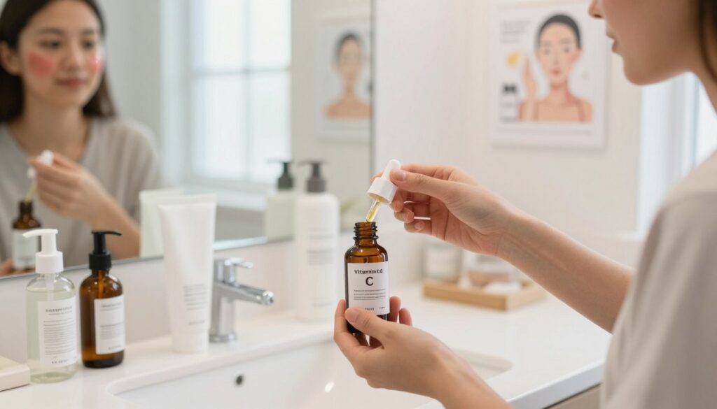 A clean, bright bathroom countertop with a variety of skincare products, prominently featuring a bottle of vitamin C serum. In the foreground, a pair of slightly open hands, wearing modest casual clothing, hold the bottle, showcasing a common error in application, such as applying too much serum or applying it incorrectly. The middle ground includes a mirror reflecting an illuminated face with uneven serum application, highlighting skin patches showing irritation or excess shine. The background features soft-focus images of instructional skincare charts and natural light streaming through a window, creating a fresh, educational atmosphere. The lighting is soft yet bright, enhancing the clarity and detail of the products without harsh shadows. The overall mood is informative and inviting, encouraging proper skincare practices. A clean, bright bathroom countertop with a variety of skincare products, prominently featuring a bottle of vitamin C serum. In the foreground, a pair of slightly open hands, wearing modest casual clothing, hold the bottle, showcasing a common error in application, such as applying too much serum or applying it incorrectly. The middle ground includes a mirror reflecting an illuminated face with uneven serum application, highlighting skin patches showing irritation or excess shine. The background features soft-focus images of instructional skincare charts and natural light streaming through a window, creating a fresh, educational atmosphere. The lighting is soft yet bright, enhancing the clarity and detail of the products without harsh shadows. The overall mood is informative and inviting, encouraging proper skincare practices.
