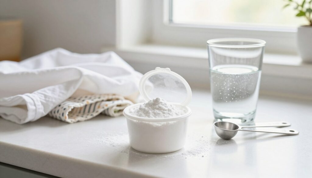 A clean, bright kitchen countertop serves as the foreground, showcasing a small, open container of baking soda prominently placed at the center. Surrounding the baking soda are a couple of measuring spoons and a glass of water with a subtle effervescent reaction. In the middle ground, there are fresh fabrics, like a white shirt and a patterned cloth, casually draped nearby, suggesting their use in the cleaning process. The background features soft, natural lighting filtering through a window, creating a warm and inviting atmosphere. The setting should convey a sense of homey cleanliness and simplicity, emphasizing the practical aspect of using baking soda for odor removal. The overall mood is bright, fresh, and encouraging, perfect for a guide on effective home solutions.
