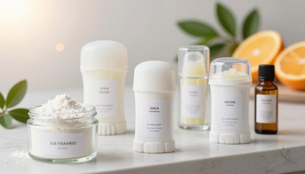 A clean, minimalistic display of various deodorant ingredients, artistically arranged on a sleek, modern surface. In the foreground, focus on clear glass containers filled with white powder, natural extracts, and essential oils, all labeled with simple, elegant tags. The middle ground features a few deodorant sticks in transparent packaging, showcasing their contents and labels that emphasize no yellow stains. In the background, softly blurred hints of fresh herbs and citrus fruits suggest natural freshness. The lighting is bright and even, creating a fresh, inviting atmosphere, with a slight lens flare that adds a touch of warmth. The overall mood is crisp and clean, ideal for illustrating the importance of ingredient transparency in deodorant selection. A clean, minimalistic display of various deodorant ingredients, artistically arranged on a sleek, modern surface. In the foreground, focus on clear glass containers filled with white powder, natural extracts, and essential oils, all labeled with simple, elegant tags. The middle ground features a few deodorant sticks in transparent packaging, showcasing their contents and labels that emphasize no yellow stains. In the background, softly blurred hints of fresh herbs and citrus fruits suggest natural freshness. The lighting is bright and even, creating a fresh, inviting atmosphere, with a slight lens flare that adds a touch of warmth. The overall mood is crisp and clean, ideal for illustrating the importance of ingredient transparency in deodorant selection.
