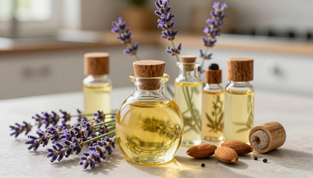 A close-up composition featuring a selection of high-quality carrier oils such as jojoba, sweet almond, and grapeseed, elegantly arranged in glass bottles with natural wooden caps. In the foreground, a large, open bottle of golden-hued oil is surrounded by fresh lavender sprigs, emphasizing its aromatic properties. The middle ground should include soft, out-of-focus lavender flowers cascading down, creating a sense of abundance and nature. The background should be a softly lit kitchen counter, hinting at a cozy, organic atmosphere. Warm natural lighting casts gentle shadows, enhancing the textures of the oil and the plants, conveying a serene and inviting mood, perfect for making homemade lavender oil.