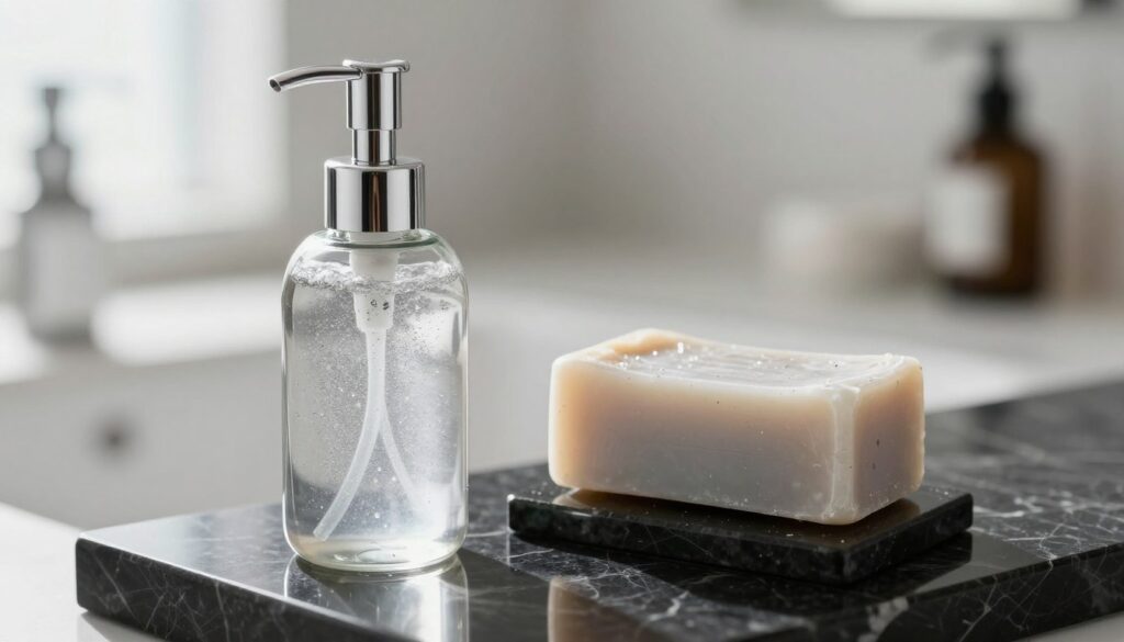 A close-up composition showcasing two types of silver nanoparticle soap: a sleek, elegant liquid soap dispenser with a shiny metallic pump on one side, and a classic, textured bar of soap on a smooth black marble surface on the other. The liquid soap is displayed in a clear glass bottle, highlighting its shimmering content that reflects light beautifully. The bar of soap should have visible sparkling particles to emphasize its unique ingredients. Soft, diffused natural light from the left creates gentle highlights and shadows, enhancing the textures of both soap types. The background features a soft-focus bathroom setting with minimalist decor, evoking a clean and modern mood, suitable for skincare discussion. The overall atmosphere should feel refreshing and professional, inviting the viewer into the world of effective skincare.
