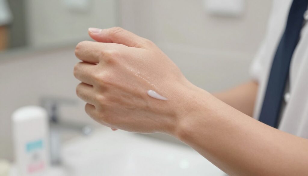 A close-up image of a person's forearm with a focus on the skin, showcasing a clear application of antiperspirant. The skin should be slightly glistening, contrasting with a matte texture to represent where the product has been applied. In the background, softly blurred bathroom elements like a sleek deodorant stick and a mirror reflect a modern setting. Use soft, diffused lighting to emphasize the skin's texture and fresh appearance, creating a clean and hygienic atmosphere. Capture the scene from a slightly elevated angle, suggesting a personal care routine, while ensuring the subject is wearing a professional short-sleeve shirt, highlighting a casual yet sophisticated mood. No text or overlays should be present.
