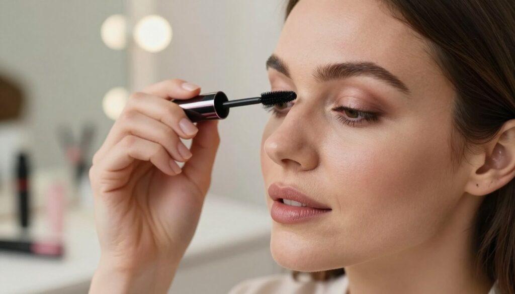 A close-up image of a woman expertly applying mascara to her eyelashes, showcasing a focus on technique without smudging on her eyelid. The woman, dressed in professional casual attire, has a serene expression as she carefully holds the mascara wand, emphasizing precision. In the foreground, the mascara wand is detailed, glistening under soft, even lighting that enhances the colors of her makeup and eyes. The background is softly blurred, suggesting a cozy, well-lit vanity space with beauty tools and products subtly visible but not distracting. The overall mood is calm and focused, illustrating a moment of beauty care and self-expression, ideal for readers seeking tips on flawless eyelash application.
