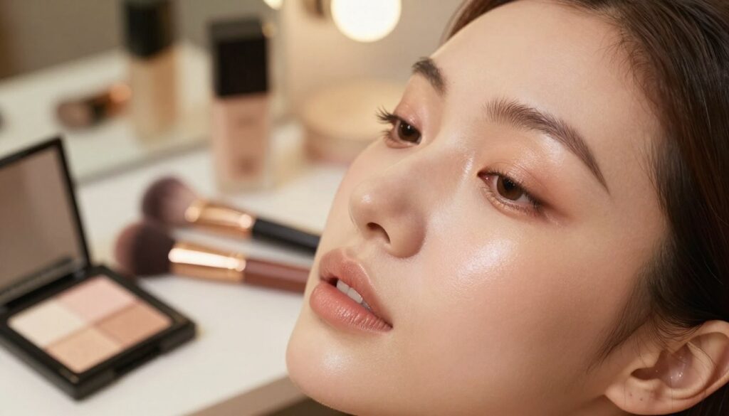 A close-up of a glowing, radiant face with natural makeup featuring a prominent highlighter. The foreground shows a well-lit visage with soft, dewy skin and a subtle, fresh glow accentuating the cheekbones. The middle ground reveals a meticulously arranged makeup setting, including a highlighter compact and brushes, with a soft-focus effect that highlights the textured surface of the products. The background softly blurs into a warm, inviting vanity with gentle ambient lighting, creating an intimate atmosphere. Utilize soft, diffused lighting to enhance the skin's luminosity and create a dreamy, ethereal quality. The overall mood is serene and elegant, appealing to those seeking a long-lasting, fresh glow in their makeup routine. A close-up of a glowing, radiant face with natural makeup featuring a prominent highlighter. The foreground shows a well-lit visage with soft, dewy skin and a subtle, fresh glow accentuating the cheekbones. The middle ground reveals a meticulously arranged makeup setting, including a highlighter compact and brushes, with a soft-focus effect that highlights the textured surface of the products. The background softly blurs into a warm, inviting vanity with gentle ambient lighting, creating an intimate atmosphere. Utilize soft, diffused lighting to enhance the skin's luminosity and create a dreamy, ethereal quality. The overall mood is serene and elegant, appealing to those seeking a long-lasting, fresh glow in their makeup routine.