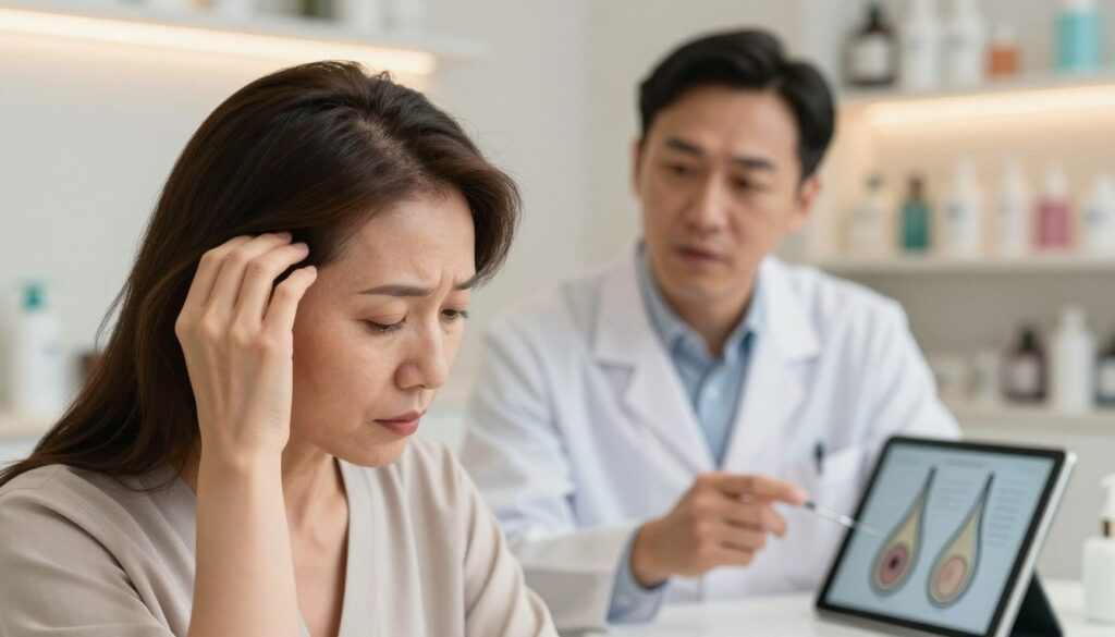 A close-up of a hair loss treatment scenario in a serene, well-lit clinic setting. In the foreground, a middle-aged woman with a concerned expression gently examining her thinning hair, wearing a modest blouse. The middle ground features a dermatologist in a white coat, discussing treatment options with her, gesturing towards a diagram of hair follicles on a digital tablet. The background includes soft, warm lighting and shelves filled with hair care products, creating a calm and informative atmosphere. The focus should be on the emotional impact of hormonal hair loss while maintaining a professional setting, emphasizing the importance of addressing this issue.