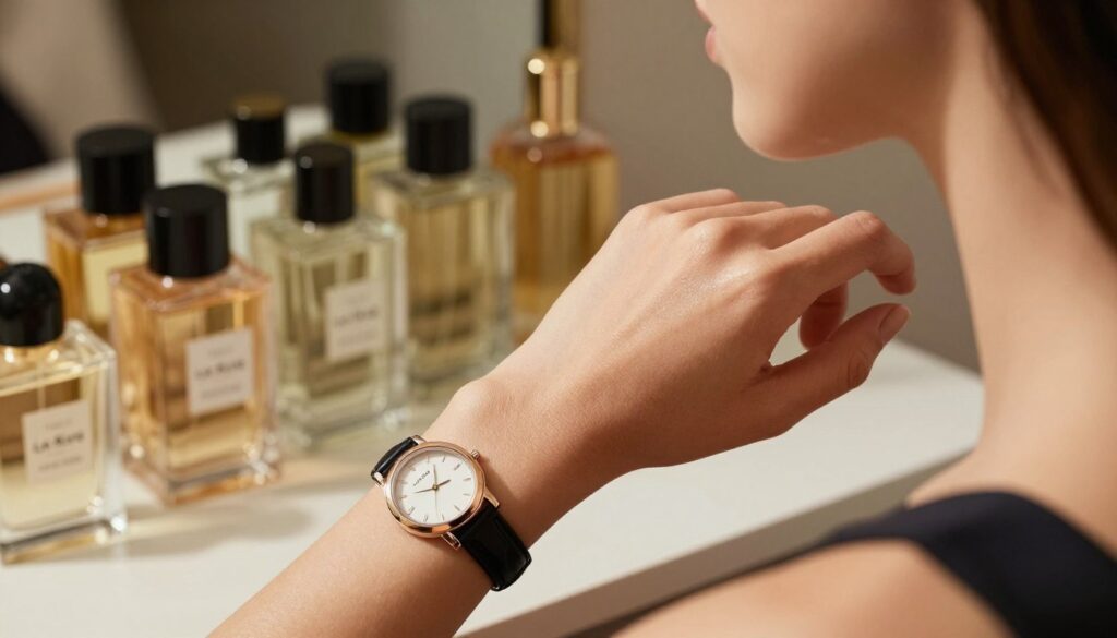 A close-up of a person’s wrist and neck, showcasing the delicate application of perfume. The wrist is adorned with an elegant watch, and the skin glistens with a soft sheen, suggesting fragrance longevity. In the background, a range of sophisticated perfume bottles, inspired by La Rive fragrances, are artfully arranged on a vanity. Warm, natural lighting enhances the serene and inviting atmosphere, creating soft shadows that add depth to the scene. The composition is shot from a slightly elevated angle, focusing on the skin and perfume bottles to convey a sense of allure and sophistication. The overall mood is elegant and refined, emphasizing the essence and durability of scent on skin and clothing.