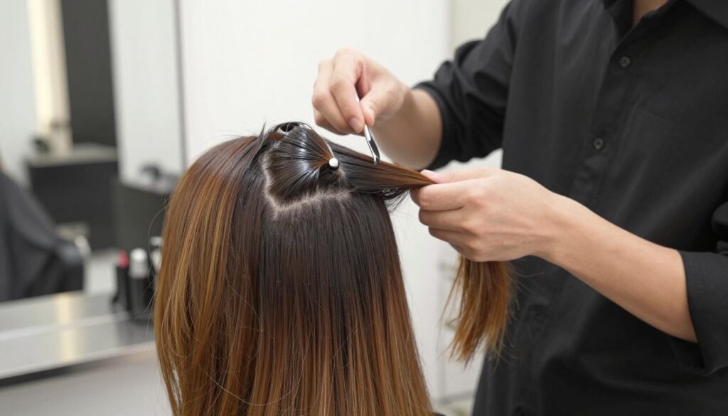 A close-up of a professional hairstylist working on a client's hair, focusing on the subtle variations in hair color and tone to achieve a natural look for a root touch-up. The hairstylist, dressed in a stylish black smock, is carefully applying dye, showcasing the blending technique between the darker roots and lighter lengths. Soft, diffused lighting highlights the intricate details of the hair textures and colors. The background features a modern salon setting with elegant mirrors and stylish decor, enhancing the atmosphere of professionalism and creativity. The mood is calm and focused, emphasizing the artistry of hair coloring while maintaining a clean and polished look.