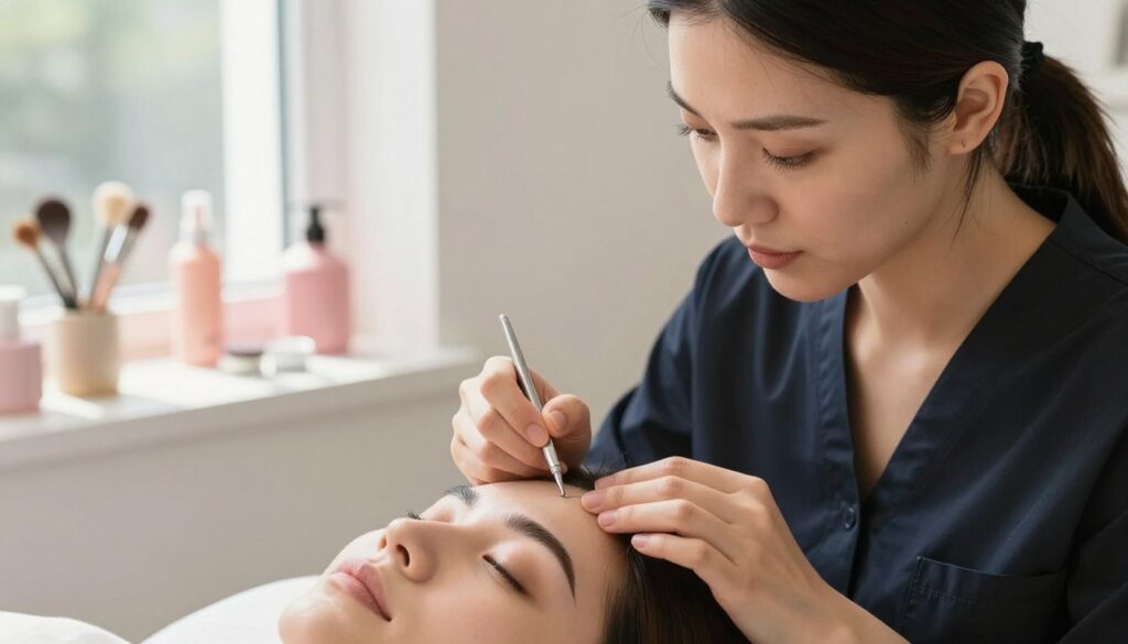 A close-up of a skilled aesthetician, dressed in professional business attire, gently examining a client's freshly done eyebrows in a well-lit salon setting. The background features elegant, organized beauty tools and calming pastel colors to create a serene atmosphere. Sunlight filters through a window, casting soft, natural light over the scene, highlighting the nuances of the eyebrows. In the foreground, focus on the aesthetician's thoughtful expression, emphasizing the importance of careful eyebrow care after the procedure. The overall mood is professional and soothing, underscoring the theme of maintaining beauty without risk of pigment fading or inflammation.
