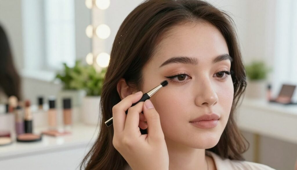 A close-up of a young woman applying daytime eye makeup in a bright, airy room. She has a fresh, natural look with soft, neutral tones enhancing her eyelids, fluttery mascara, and subtle eyeliner. Her skin is glowing, and her hair is styled in a simple yet elegant way suitable for the workplace. The background features a well-lit vanity with organized makeup products, plants, and soft natural light streaming in through a window, creating a calm atmosphere. The angle captures her profile and the gentle focus on her eyes, showcasing the makeup technique. The mood is uplifting and professional, perfect for everyday wear.
