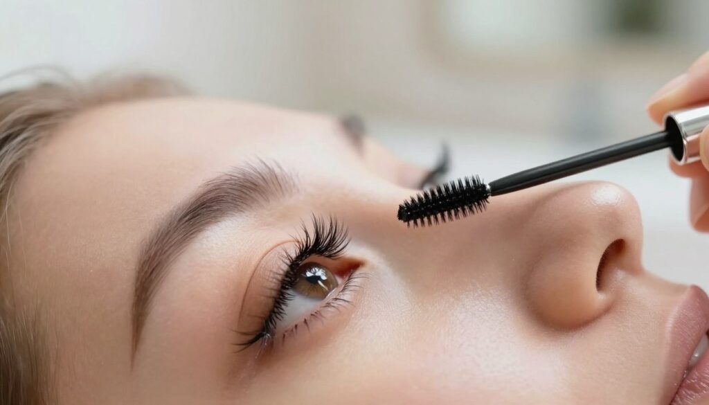 A close-up of beautifully enhanced eyelashes, showcasing the elegance of extended lashes. In the foreground, a woman's eye is highlighted, displaying thick, long, and perfectly curled false eyelashes. She wears subtle makeup that emphasizes the eyes without overpowering them. In the middle, a delicate eyelash care product, such as a nourishing serum, is artistically arranged beside a soft brush. The background features a softly blurred bathroom setting, with warm, natural light illuminating the scene, creating a serene, pampering atmosphere. The composition evokes a sense of beauty and sophistication, perfect for illustrating daily eyelash care routines.