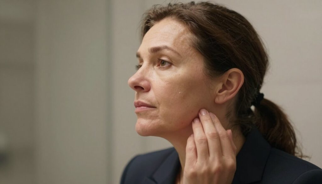 A close-up portrait of a middle-aged woman, wearing professional attire, looking thoughtfully into a mirror while examining her jawline. The focus is on her profile, highlighting a subtle double chin as she tilts her head slightly. Soft, diffused lighting illuminates her face, creating a gentle glow that emphasizes the skin texture and the underlying muscular structure. The background is a softly blurred bathroom setting with neutral tones, enhancing the intimate and reflective atmosphere. The image captures a moment of self-assessment, evoking a sense of contemplation and empowerment in addressing beauty concerns. A close-up portrait of a middle-aged woman, wearing professional attire, looking thoughtfully into a mirror while examining her jawline. The focus is on her profile, highlighting a subtle double chin as she tilts her head slightly. Soft, diffused lighting illuminates her face, creating a gentle glow that emphasizes the skin texture and the underlying muscular structure. The background is a softly blurred bathroom setting with neutral tones, enhancing the intimate and reflective atmosphere. The image captures a moment of self-assessment, evoking a sense of contemplation and empowerment in addressing beauty concerns.