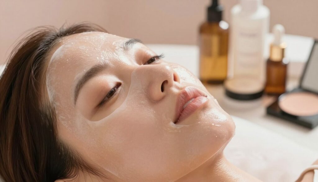 A close-up scene focusing on a delicate sheet mask applied to a woman's face, showcasing radiant, dewy skin that reflects the "glass skin" aesthetic. The foreground features the model with a serene expression, her skin glowing softly under warm, diffused lighting, highlighting the mask's texture. In the middle ground, neatly arranged cosmetic products, including serums and moisturizers, complement the scene. The background is softly blurred, adding a serene atmosphere with soft pastel colors, reminiscent of a calm skincare routine. The angle is slightly from above, capturing the gentle contours of her face, inviting the viewer into a tranquil beauty ritual. The overall mood is soothing and luxurious, evoking a sense of self-care and rejuvenation.