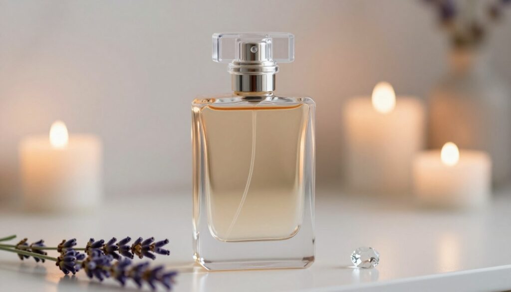 A close-up shot of a beautifully arranged perfume bottle with soft, elegant curves, reflecting light in a way that evokes a sense of luxury and sophistication. The foreground features delicate elements like a subtle sprig of lavender and a small decorative crystal, symbolizing freshness and complexity. In the middle, the bottle stands tall against a blurred background of a softly lit, stylish vanity adorned with gentle candles casting warm light. The overall atmosphere is serene and refined, suggesting a timeless quality. The image should utilize soft focus and natural lighting to enhance the emotional connection to fragrance longevity, emphasizing the allure of a long-lasting scent. The composition is shot from a slightly elevated angle to capture the essence of elegance and durability in perfume.