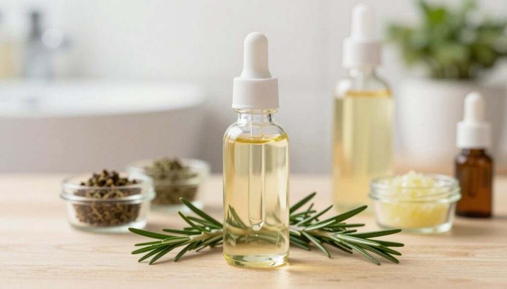 A close-up shot of a glass bottle of castor oil, beautifully illuminated by soft, natural light, placed on a wooden table. In the foreground, focus on the smooth surface of the bottle with a dropper top, reflecting gentle highlights. Surrounding the bottle, freshly cut sprigs of rosemary and small glass containers filled with hair treatment mixtures, such as herbal masks and serums, hint at the oil's versatility for hair care. In the background, a blurred setup of a cozy bathroom with soft pastel colors and plants adds a serene atmosphere. The overall mood is inviting and soothing, emphasizing the natural beauty and benefits of castor oil for hair treatments without creating a sense of heaviness.
