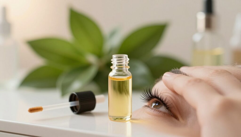 A close-up shot of healthy eyelashes, showcasing their natural beauty, on a soft-focus background of a serene vanity table. In the foreground, a small glass bottle of castor oil sits elegantly beside a delicate brush for application, glinting softly under warm, diffused lighting. The middleground features lush green leaves, symbolizing growth and nourishment, subtly enhancing the theme of care. The background has a gentle bokeh effect, creating an inviting atmosphere. The overall mood is calm and nurturing, reflecting the importance of supporting eyelash condition. The photograph is taken at eye level, emphasizing the details of the eyelashes and the oil, creating a compelling visual narrative on eyelash care and strength.