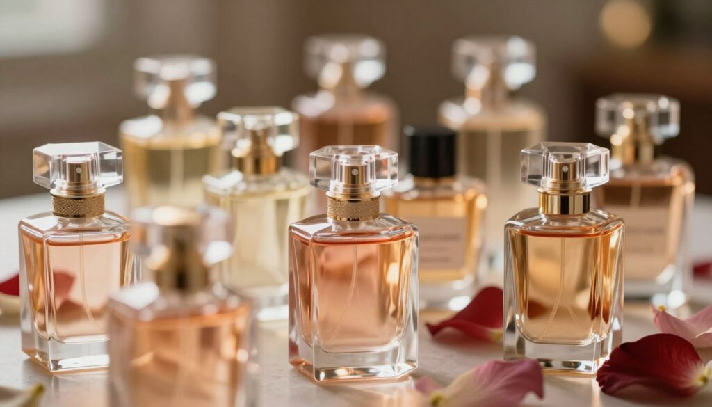 A close-up view of a beautifully arranged collection of Oriflame perfume bottles, showcasing their elegant designs and luxurious packaging. In the foreground, the bottles are arranged artfully, reflecting soft light to highlight their crystal-like textures and vibrant colors. The middle ground depicts delicate petals of various flowers, representing the diverse notes of each fragrance, adding a touch of nature. The background is softly blurred with warm, ambient lighting, creating a cozy and inviting atmosphere. The overall mood conveys sophistication and allure, capturing the essence of fragrance longevity and intensity. Utilize a shallow depth of field to focus on the details of the bottles while creating a dreamy, ethereal effect. A close-up view of a beautifully arranged collection of Oriflame perfume bottles, showcasing their elegant designs and luxurious packaging. In the foreground, the bottles are arranged artfully, reflecting soft light to highlight their crystal-like textures and vibrant colors. The middle ground depicts delicate petals of various flowers, representing the diverse notes of each fragrance, adding a touch of nature. The background is softly blurred with warm, ambient lighting, creating a cozy and inviting atmosphere. The overall mood conveys sophistication and allure, capturing the essence of fragrance longevity and intensity. Utilize a shallow depth of field to focus on the details of the bottles while creating a dreamy, ethereal effect.