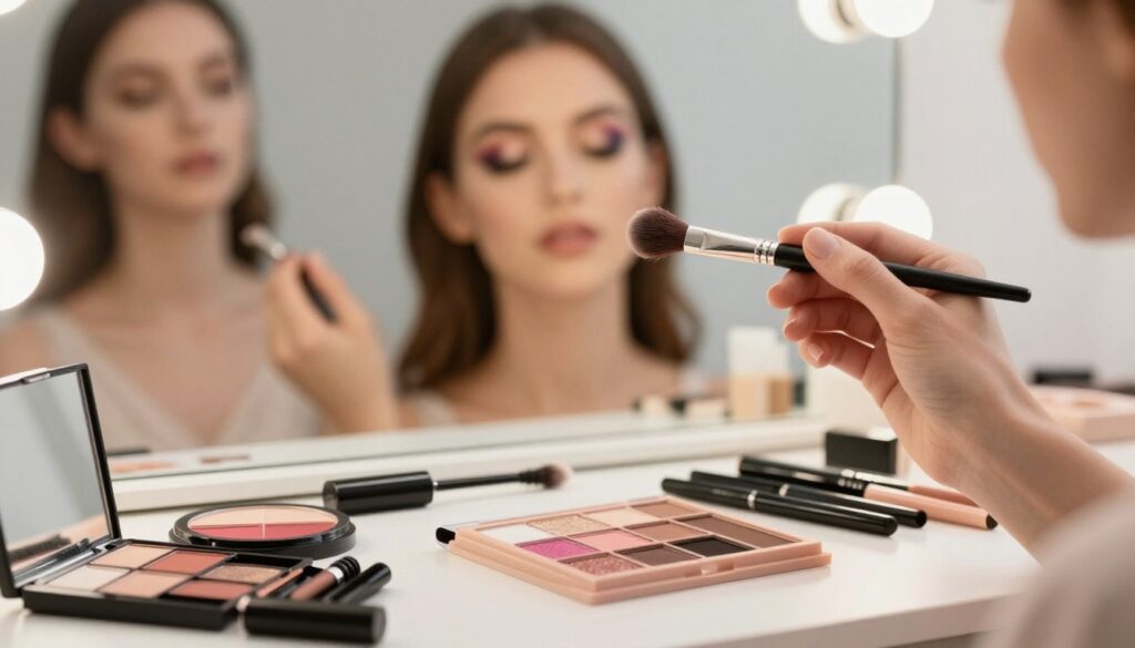 A close-up view of a beautifully styled eye makeup setup arranged on a sleek vanity table. In the foreground, an elegant array of essential cosmetics, including eyeshadow palettes, mascaras, and eyeliners, all in vibrant colors. Highlight a hand holding a makeup brush delicately applying eyeshadow. In the middle, a soft-focus mirror reflects a model with professionally done eye makeup, showcasing a daytime look with subtle, shimmering tones and an evening look featuring bold, smoky effects. The background is softly blurred to create a warm, inviting atmosphere, with gentle lighting illuminating the products and model. Capture a serene and inspiring mood, making it suitable for a beauty article.