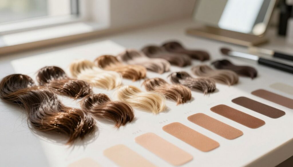 A close-up view of a color palette strategically arranged on a clean surface, showcasing an array of browns, blondes, and deep shades of taupe, ideal for eyebrow coloring. In the foreground, vibrant swatches of hair dye are artistically placed beside various skin tone samples ranging from fair to deep olive, demonstrating how colors harmonize with natural hair and skin tones. The background is softly blurred to reveal a subtle vanity mirror, reflecting a professional makeup setting to create a warm, inviting atmosphere. Natural daylight filters through a nearby window, casting soft shadows that enhance texture. The overall mood is calm and professional, emphasizing the importance of selecting the right color for a natural eyebrow effect.