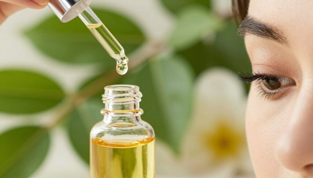 A close-up view of a delicate glass bottle of castor oil, elegantly positioned in the foreground, with a dropper and some drops falling from it. In the background, lush green leaves and soft, blurred florals create a calming, natural atmosphere that symbolizes beauty and care. To the side, well-groomed eyelashes and eyebrows are highlighted, emphasizing the oil’s intended use for enhancing them. Soft, diffused lighting enhances the texture of the oil and the freshness of the foliage, while a shallow depth of field keeps the focus on the castor oil and the beauty elements. The overall mood should be soothing and inviting, reflecting a natural beauty regimen.