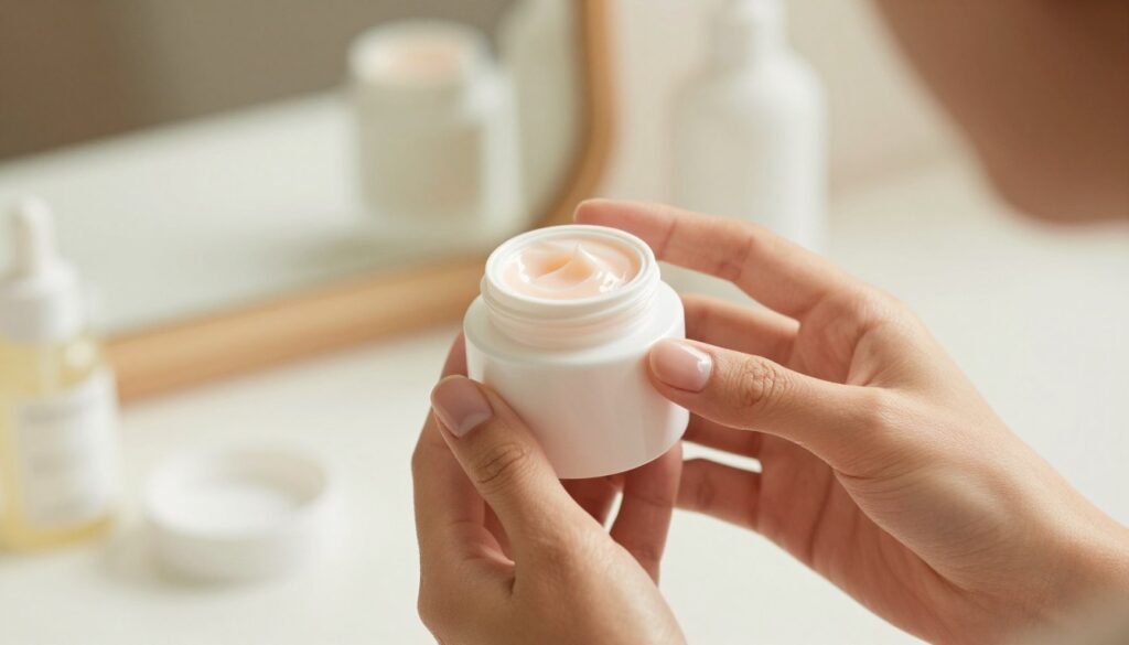 A close-up view of a gentle hand applying a small amount of eye cream around the delicate eye area, emphasizing the lightweight texture of the cream. The hand is elegantly manicured, holding a sleek, modern jar of eye cream with a minimalist design. Soft, natural lighting creates a warm and inviting atmosphere, highlighting the smooth skin and the sheen of the cream. The background features a softly blurred vanity with subtle skincare products, conveying a sense of tranquility and self-care. The focus is on the careful application process to illustrate proper technique, suggesting a calm and nurturing environment. The overall mood is serene, promoting the idea of thoughtful skincare. A close-up view of a gentle hand applying a small amount of eye cream around the delicate eye area, emphasizing the lightweight texture of the cream. The hand is elegantly manicured, holding a sleek, modern jar of eye cream with a minimalist design. Soft, natural lighting creates a warm and inviting atmosphere, highlighting the smooth skin and the sheen of the cream. The background features a softly blurred vanity with subtle skincare products, conveying a sense of tranquility and self-care. The focus is on the careful application process to illustrate proper technique, suggesting a calm and nurturing environment. The overall mood is serene, promoting the idea of thoughtful skincare.