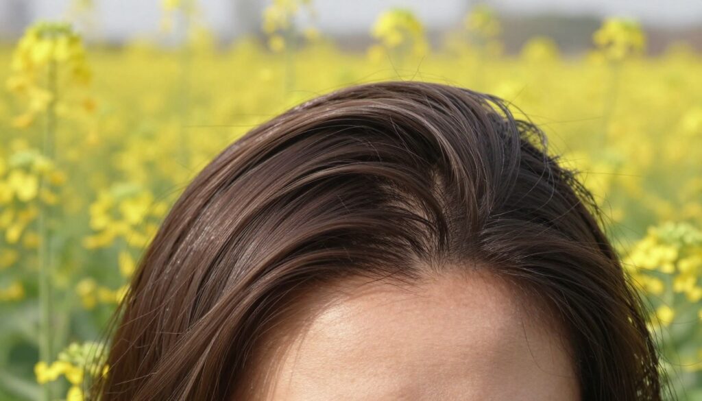A close-up view of a healthy scalp, showcasing a vibrant, well-nourished appearance. The foreground features strands of shiny, thick hair cascading over a subtle backdrop of natural green leaves, symbolizing vitality and nature. In the middle ground, soft, diffused lighting creates a warm glow, highlighting the smooth texture of the scalp and the sheen of the hair. The background subtly blends into a blurred landscape of mustard plants, representing the source of mustard oil for hair care. The overall atmosphere conveys a sense of rejuvenation and wellness, emphasizing the nourishing properties of mustard oil. The image captures a serene and inviting mood, suggesting the benefits of natural ingredients in hair and scalp health.