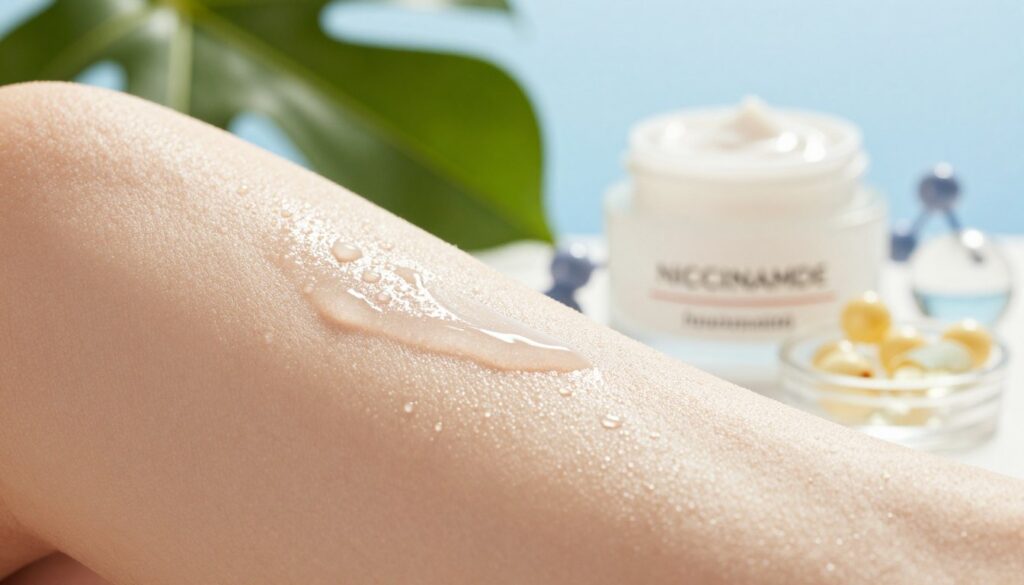 A close-up view of a healthy skin surface showcasing the hydrolipid barrier, highlighting its texture and moisture levels. In the foreground, soft, dewy skin glistens gently under diffused, natural sunlight, reflecting a radiant glow. In the middle ground, a subtle representation of a cream jar labeled with niacinamide, surrounded by hydrating ingredients like niacinamide molecules, hyaluronic acid, and vitamins, all in a harmonious layout. The background features a softly blurred natural setting, perhaps a lush green leaf or a calming blue sky, evoking a sense of tranquility and freshness. The overall atmosphere is serene, emphasizing hydration and skin health, captured with a macro lens to enhance the intricate details of the skin and barrier. A close-up view of a healthy skin surface showcasing the hydrolipid barrier, highlighting its texture and moisture levels. In the foreground, soft, dewy skin glistens gently under diffused, natural sunlight, reflecting a radiant glow. In the middle ground, a subtle representation of a cream jar labeled with niacinamide, surrounded by hydrating ingredients like niacinamide molecules, hyaluronic acid, and vitamins, all in a harmonious layout. The background features a softly blurred natural setting, perhaps a lush green leaf or a calming blue sky, evoking a sense of tranquility and freshness. The overall atmosphere is serene, emphasizing hydration and skin health, captured with a macro lens to enhance the intricate details of the skin and barrier.