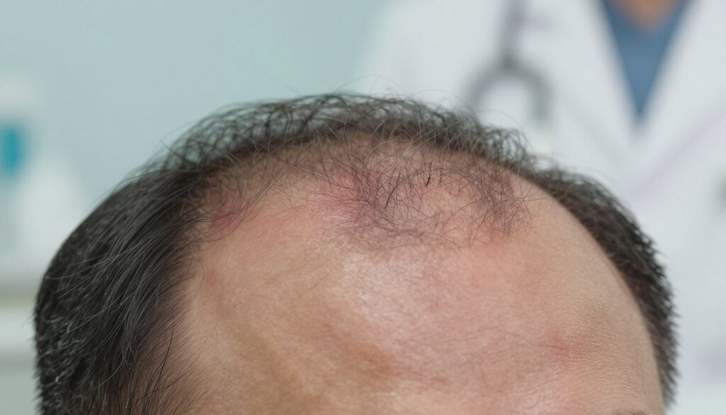 A close-up view of a human scalp displaying signs of various scalp diseases and conditions contributing to hair loss. In the foreground, show a detailed texture of the skin, highlighting areas of inflammation, redness, and other symptoms of scalp disorders. The middle ground features a focus on hair follicles, some appearing weak or damaged, illustrating the hair loss process. In the background, a blurred clinical setting with soft, diffused lighting to create a medical atmosphere. Use a neutral color palette with tones of light blue and white to evoke a sense of professionalism and cleanliness. The overall mood should be informative and clinical, conveying the seriousness of scalp health without human subjects present.
