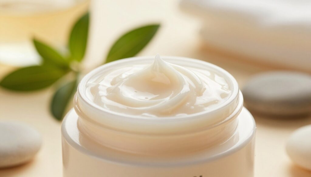A close-up view of a luxurious cream jar labeled with a subtle, elegant design, showcasing a rich, translucent texture that mimics snail mucin. The foreground features a smooth, glistening blob of the cream, reflecting natural light to highlight its silky consistency. In the middle, soft-focus elements include delicate green leaves and a few polished stones, evoking a sense of natural beauty and organic ingredients. The background consists of a softly blurred, warm-toned spa setting with gentle lighting, creating an inviting and serene atmosphere. Capture this scene with a shallow depth of field, emphasizing the cream while allowing hints of the soothing environment to enhance the overall mood.
