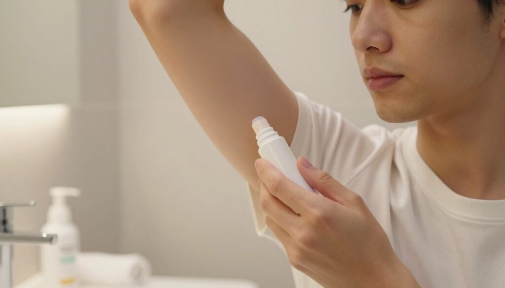 A close-up view of a person's armpit being gently treated with an antiperspirant stick in a well-lit bathroom. The person, dressed in a modest short-sleeve shirt, displays a focused expression, showcasing a careful application method. The bathroom features soft, warm lighting to create a serene atmosphere, with subtle elements like a clean towel and a sleek bottle of antiperspirant in the background. The angle captures both the skin and the product, emphasizing a practical routine. The setting should feel relaxing and hygienic, conveying a sense of personal care and attention to skin health.